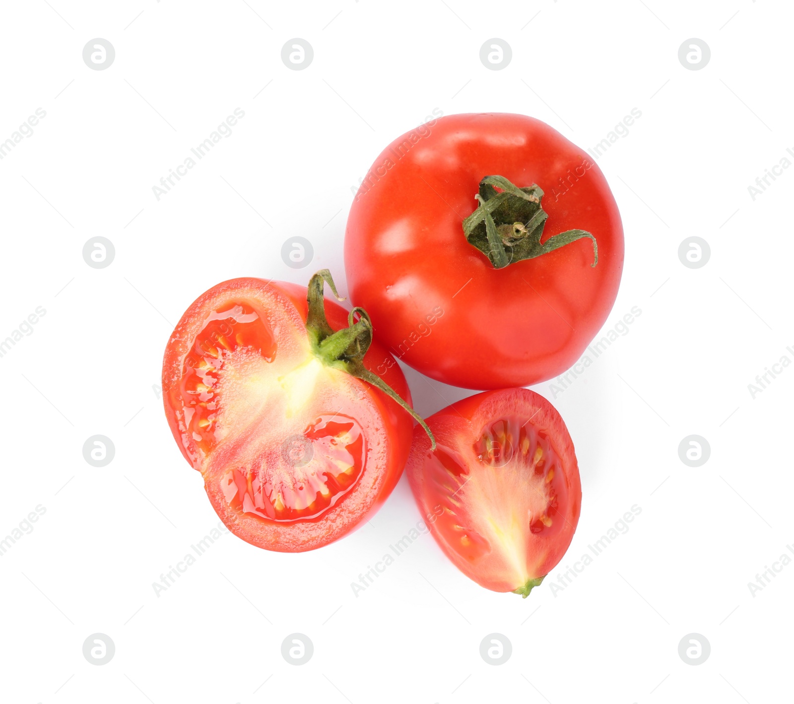 Photo of Tasty fresh raw tomatoes isolated on white, top view