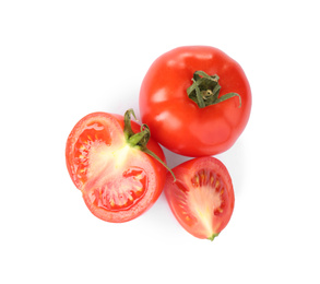 Tasty fresh raw tomatoes isolated on white, top view