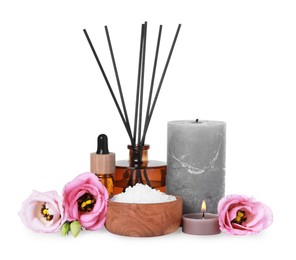 Photo of Beautiful spa composition with different care products and flowers on white background