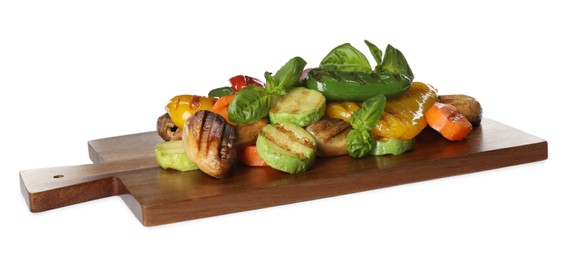 Photo of Different delicious grilled vegetables on white background. Banner design