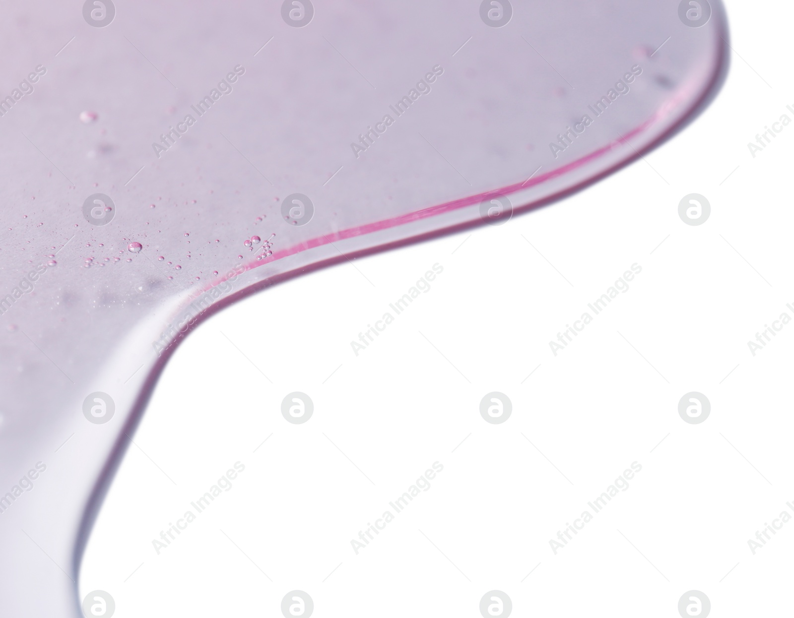 Photo of Sample of transparent shower gel on white background, closeup