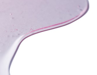 Photo of Sample of transparent shower gel on white background, closeup