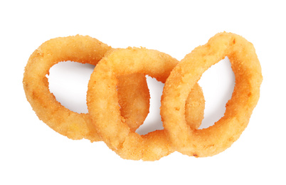 Delicious onion rings isolated on white, top view