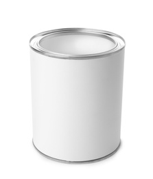 Photo of Open paint can on white background. Mockup for design