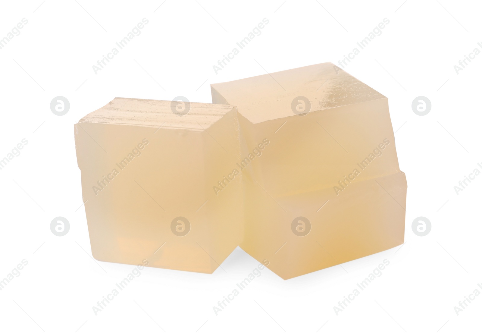 Photo of Many agar-agar jelly cubes on white background