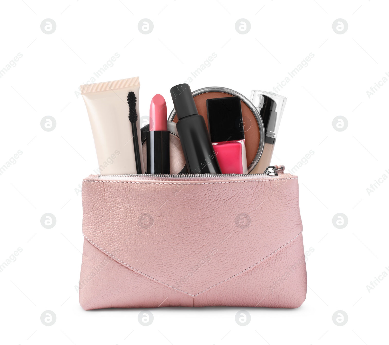 Image of Cosmetic bag filled with makeup products on white background