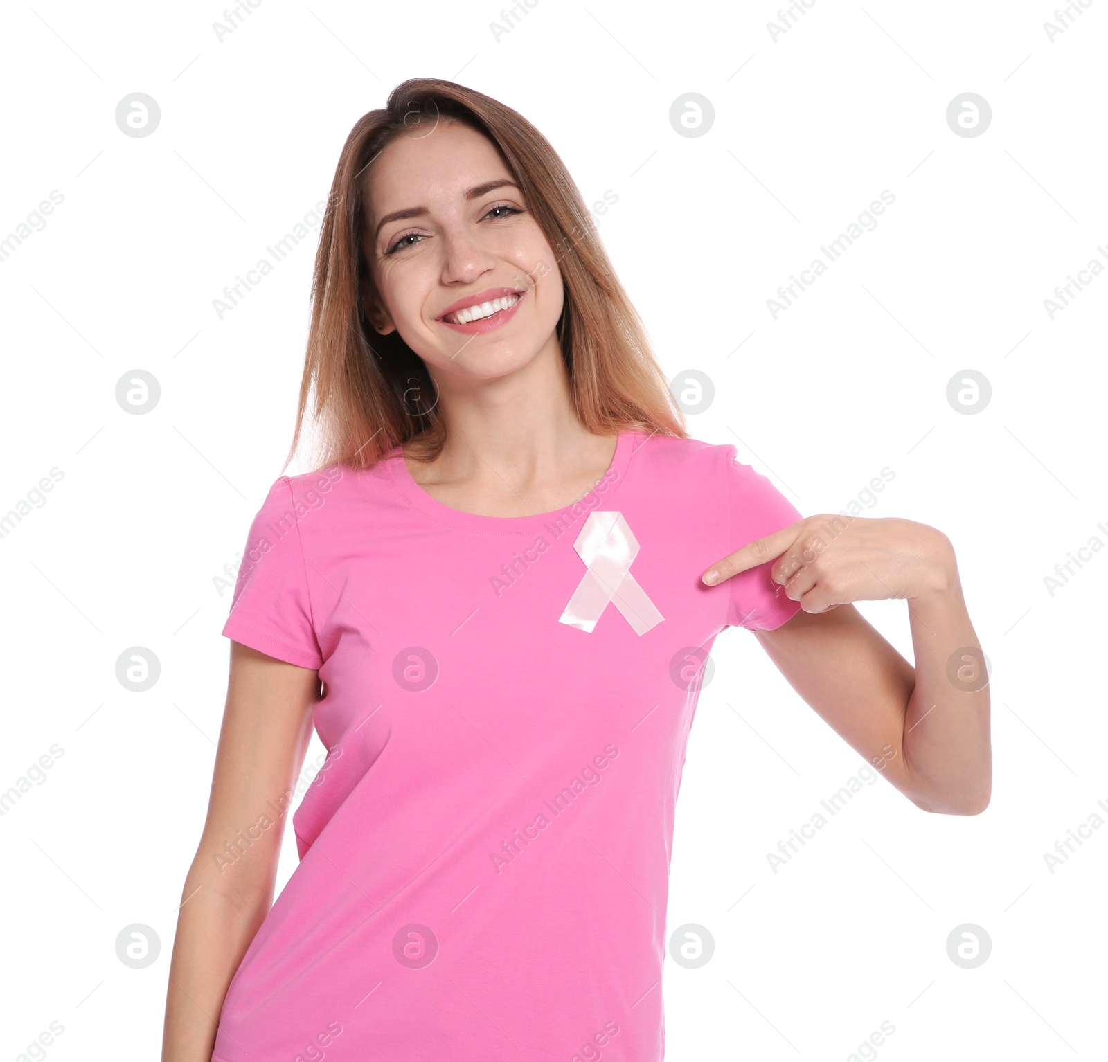 Photo of Woman with silk ribbon on white background. Breast cancer awareness concept