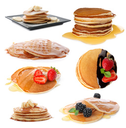 Image of Set of delicious pancakes with different toppings on white background