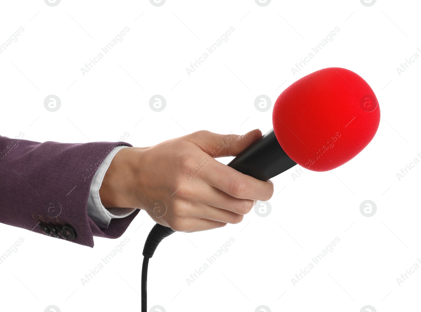 Photo of Professional journalist with microphone on white background, closeup