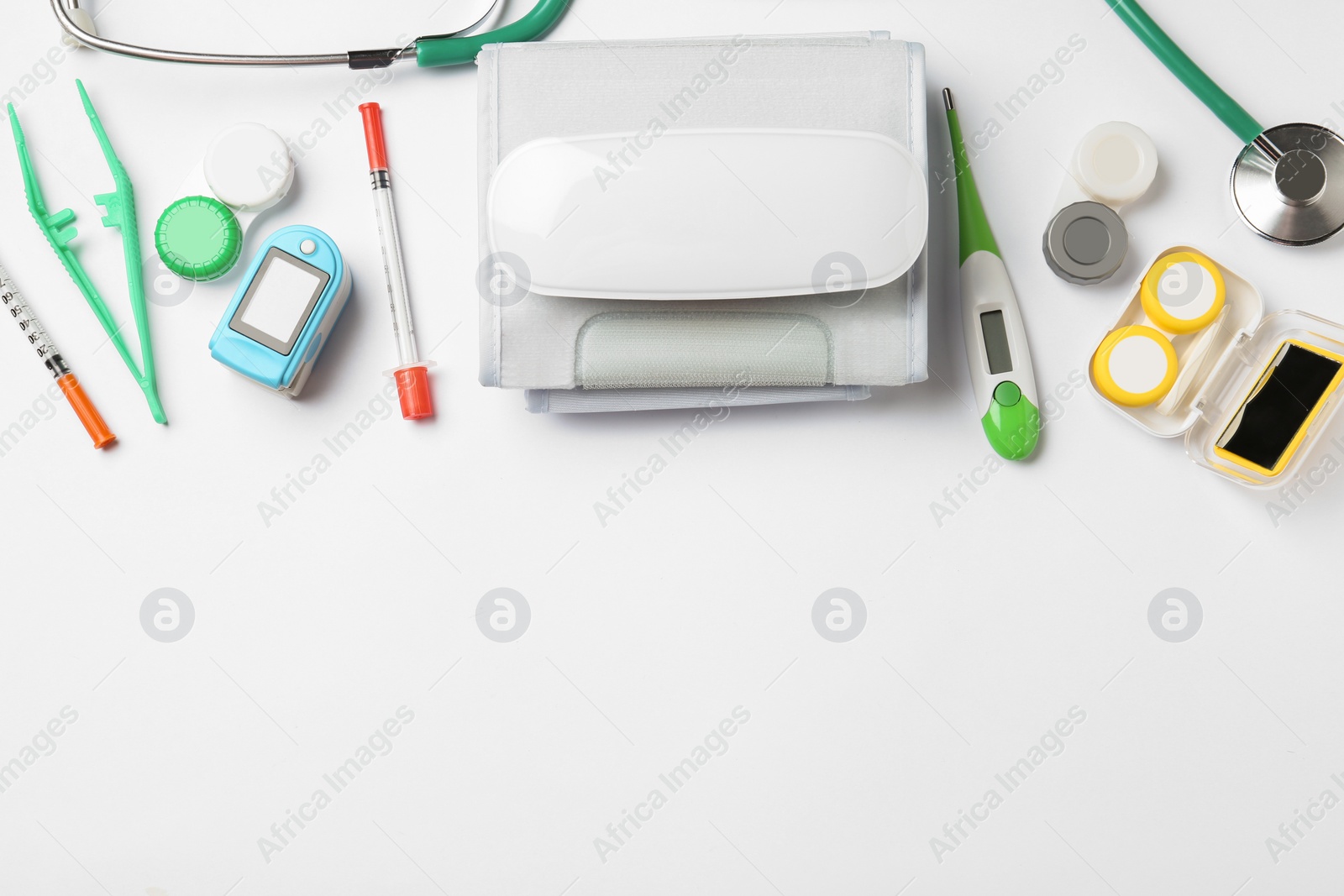 Photo of Flat lay composition with different medical objects and space for text on white background