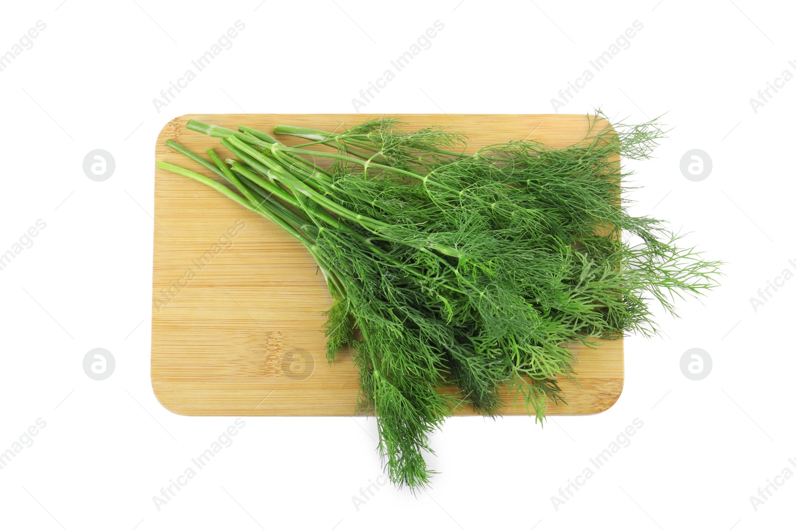 Photo of Wooden board with fresh dill isolated on white, top view