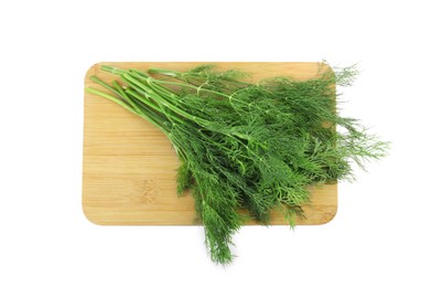 Photo of Wooden board with fresh dill isolated on white, top view