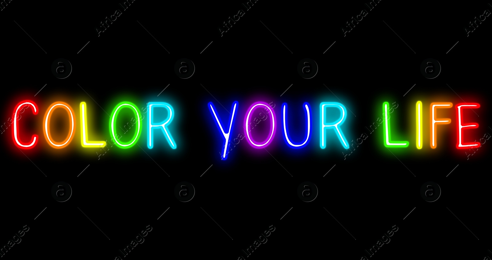 Illustration of Glowing neon sign with phrase Color Your Life on black background