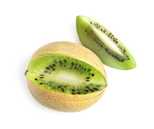 Image of Genetically modified melon with kiwi on white background, top view