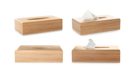 Image of Set of wooden napkin holders on white background