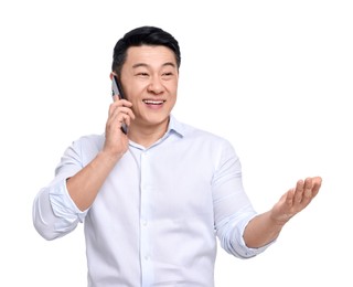 Businessman in formal clothes talking on phone against white background