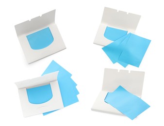 Set with facial oil blotting tissues on white background. Mattifying wipes