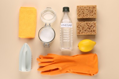 Photo of Eco friendly natural cleaners. Flat lay composition with bottle of vinegar on beige background