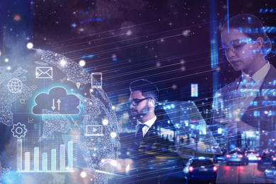 Image of Multiple exposure of different icons, cityscape and businesspeople. Fintech concept