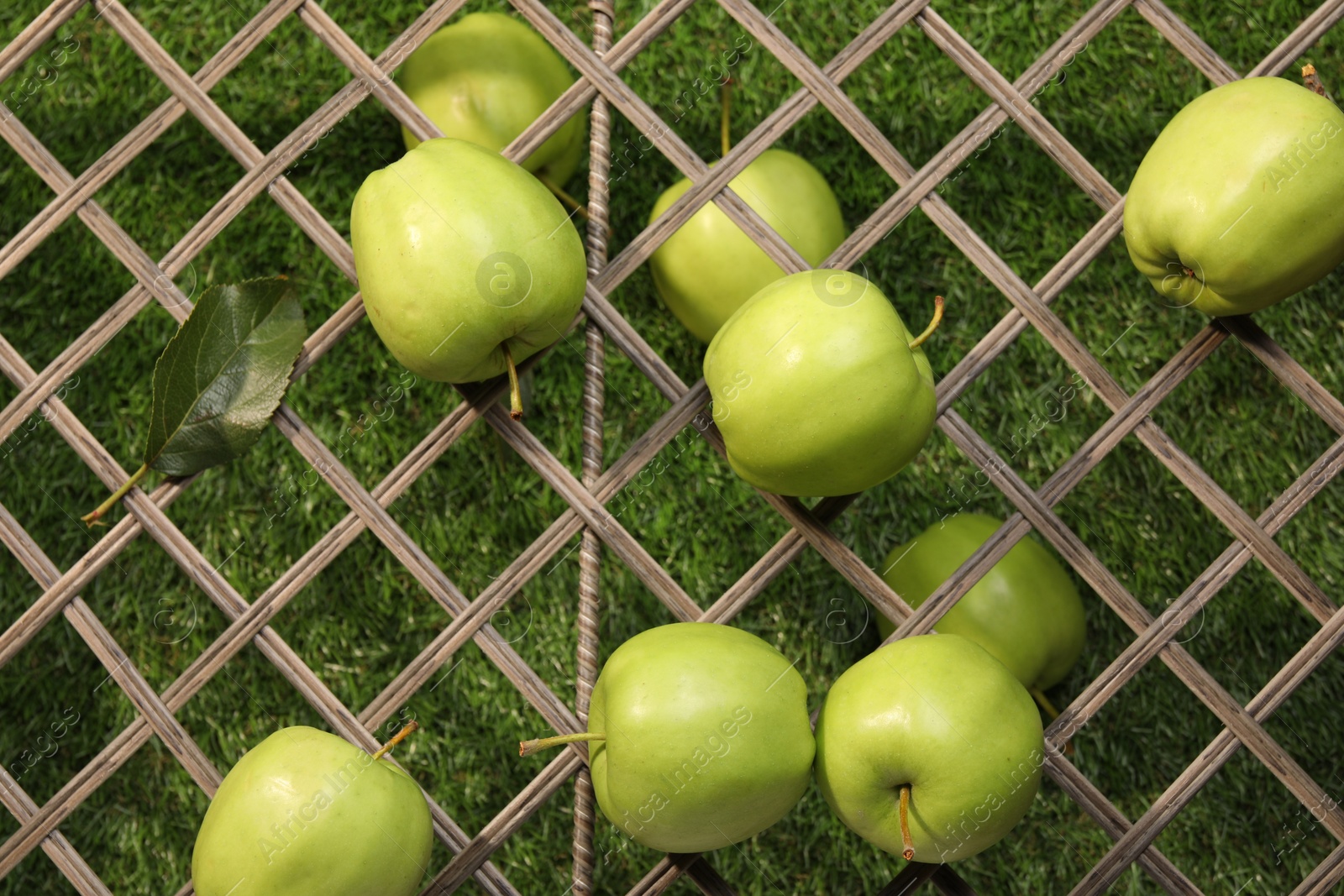 Photo of Fresh green apples on rattan grid, top view