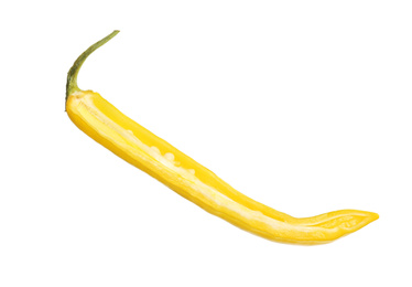 Photo of Half of ripe yellow hot chili pepper isolated on white