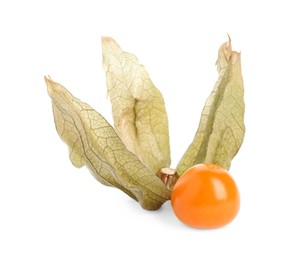 Photo of Ripe physalis fruit with dry husk on white background
