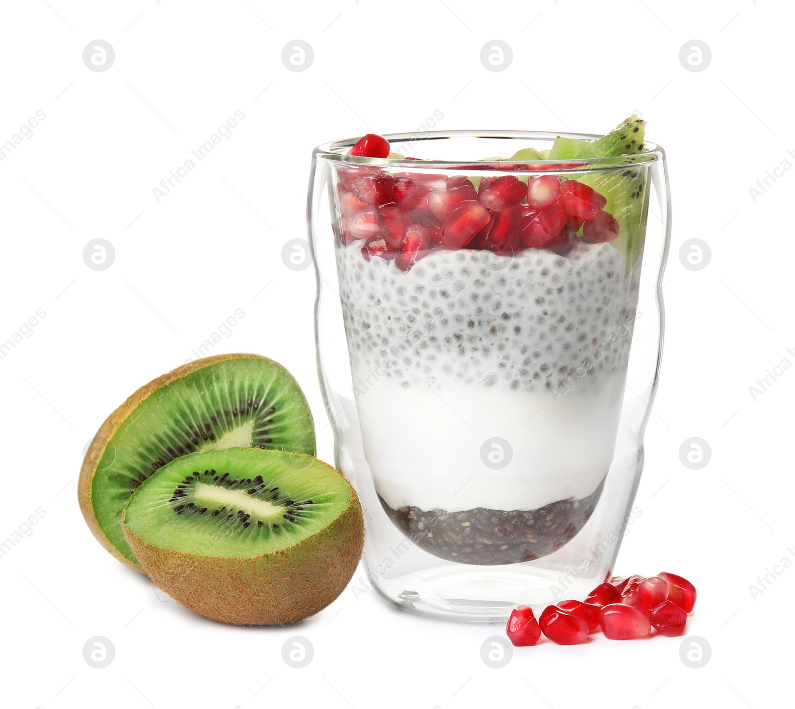 Photo of Glass of tasty chia seed pudding with kiwi and pomegranate on white background