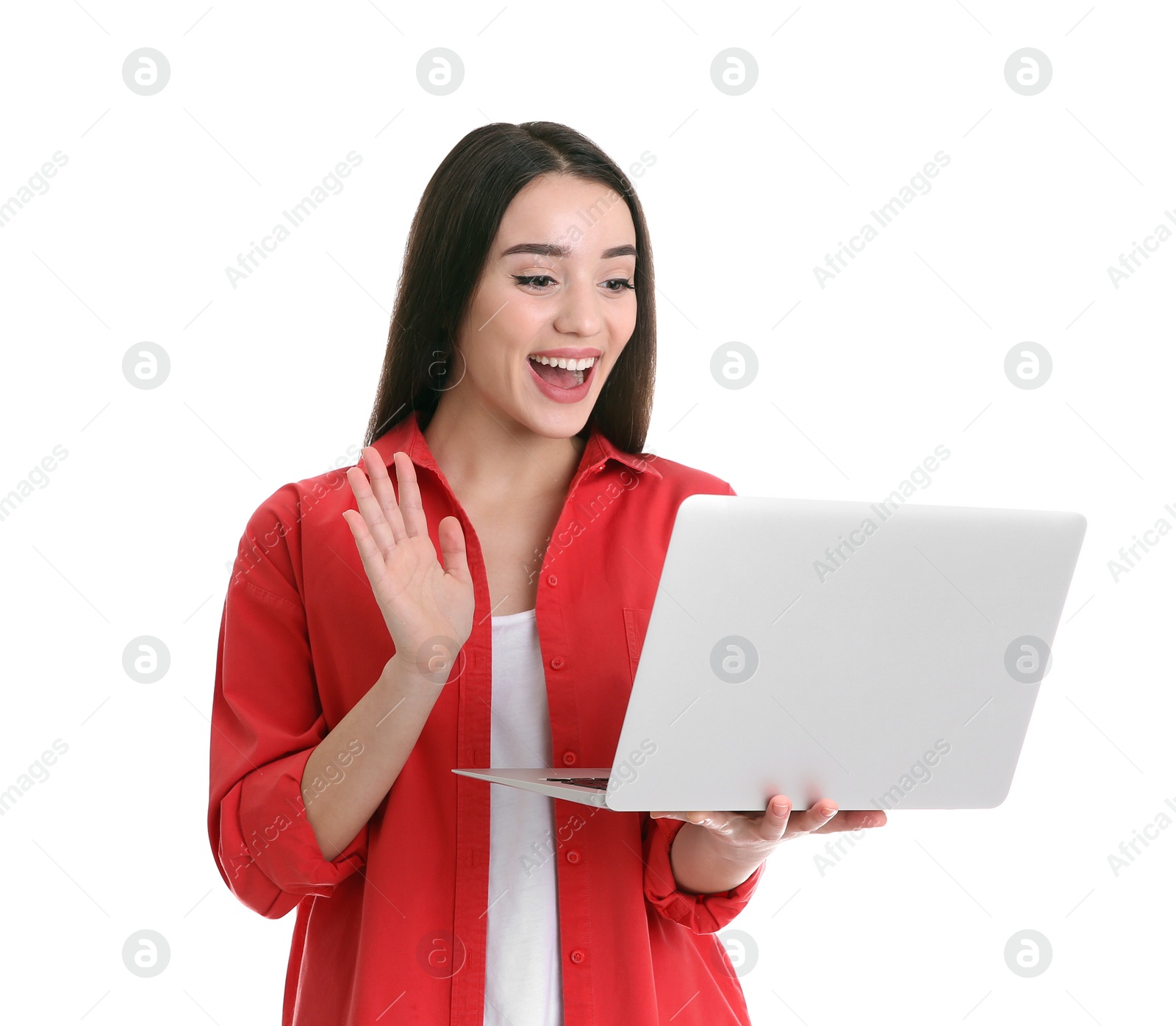 Photo of Woman using laptop for video chat isolated on white