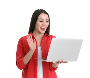 Photo of Woman using laptop for video chat isolated on white