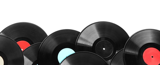 Vintage vinyl records on white background, top view