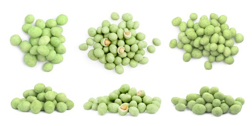 Set with spicy wasabi coated peanuts on white background. Banner design