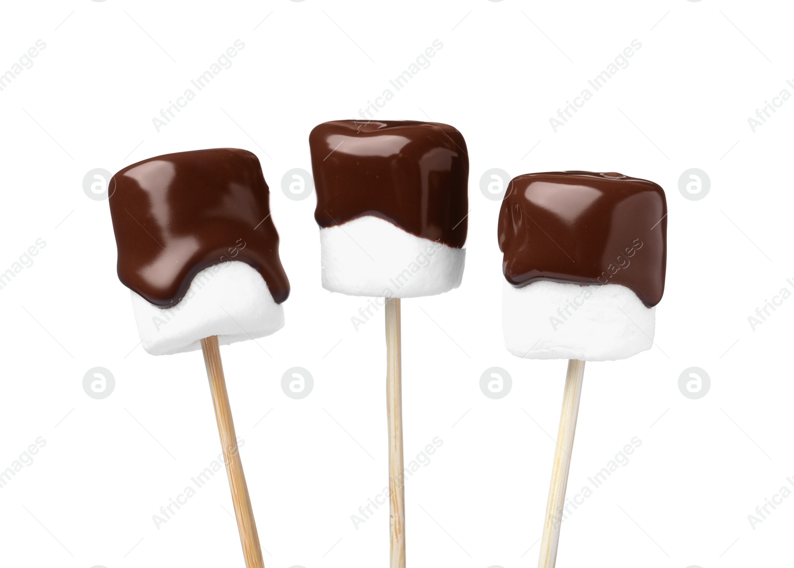 Photo of Tasty marshmallows dipped into chocolate on white background