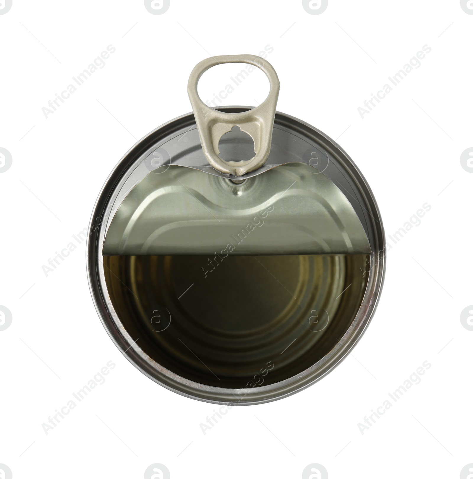 Photo of One open tin can isolated on white, top view