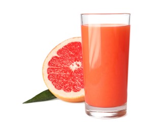 Photo of Tasty grapefruit juice in glass, fresh fruit and green leaf isolated on white