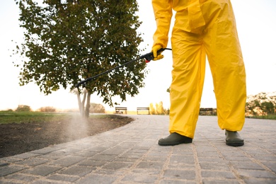 Photo of Person in hazmat suit disinfecting pavement in park with sprayer, closeup. Surface treatment during coronavirus pandemic