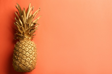 Golden pineapple on orange background, top view with space for text. Creative concept