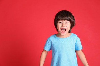 Portrait of cute little boy on red background, space for text