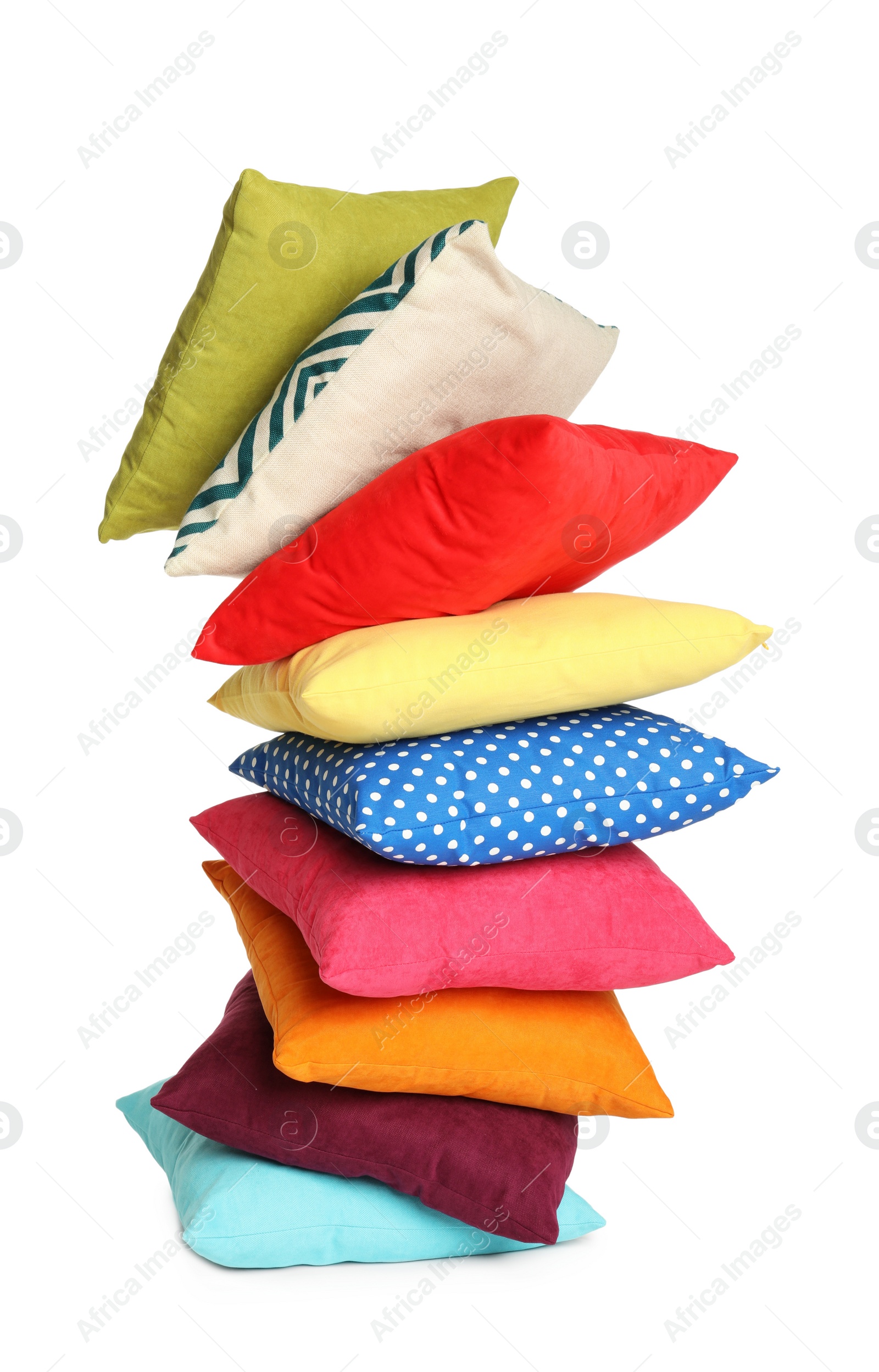 Photo of Stack of colorful decorative pillows on white background