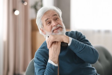 Portrait of happy grandpa with walking cane sitting on sofa indoors