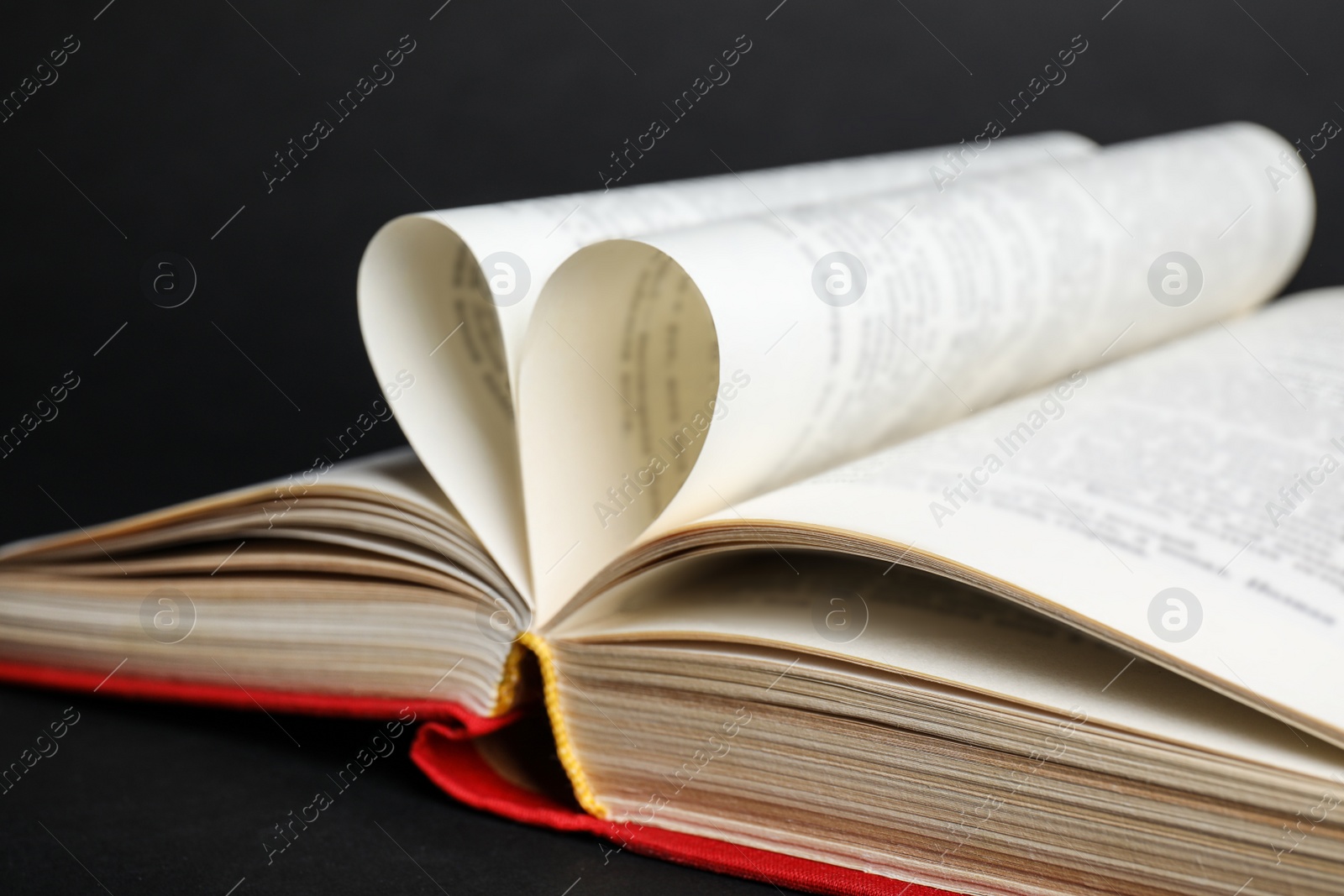 Photo of Closeup view of open book on black background