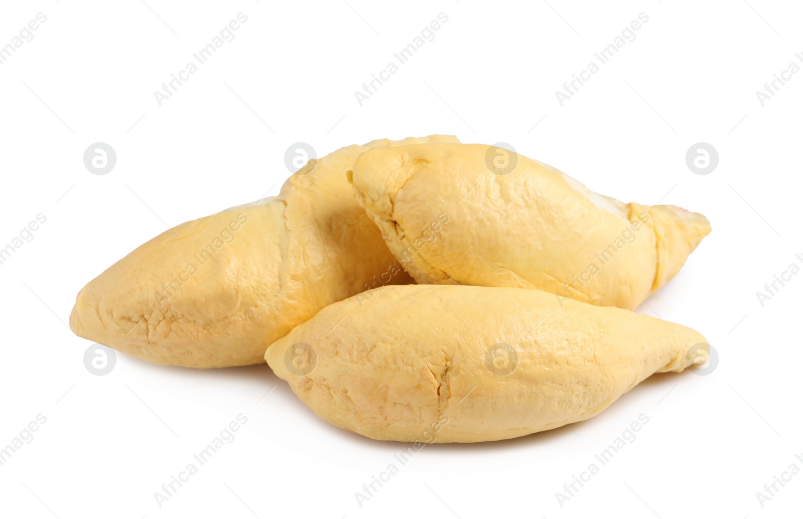 Photo of Pieces of fresh ripe durian on white background