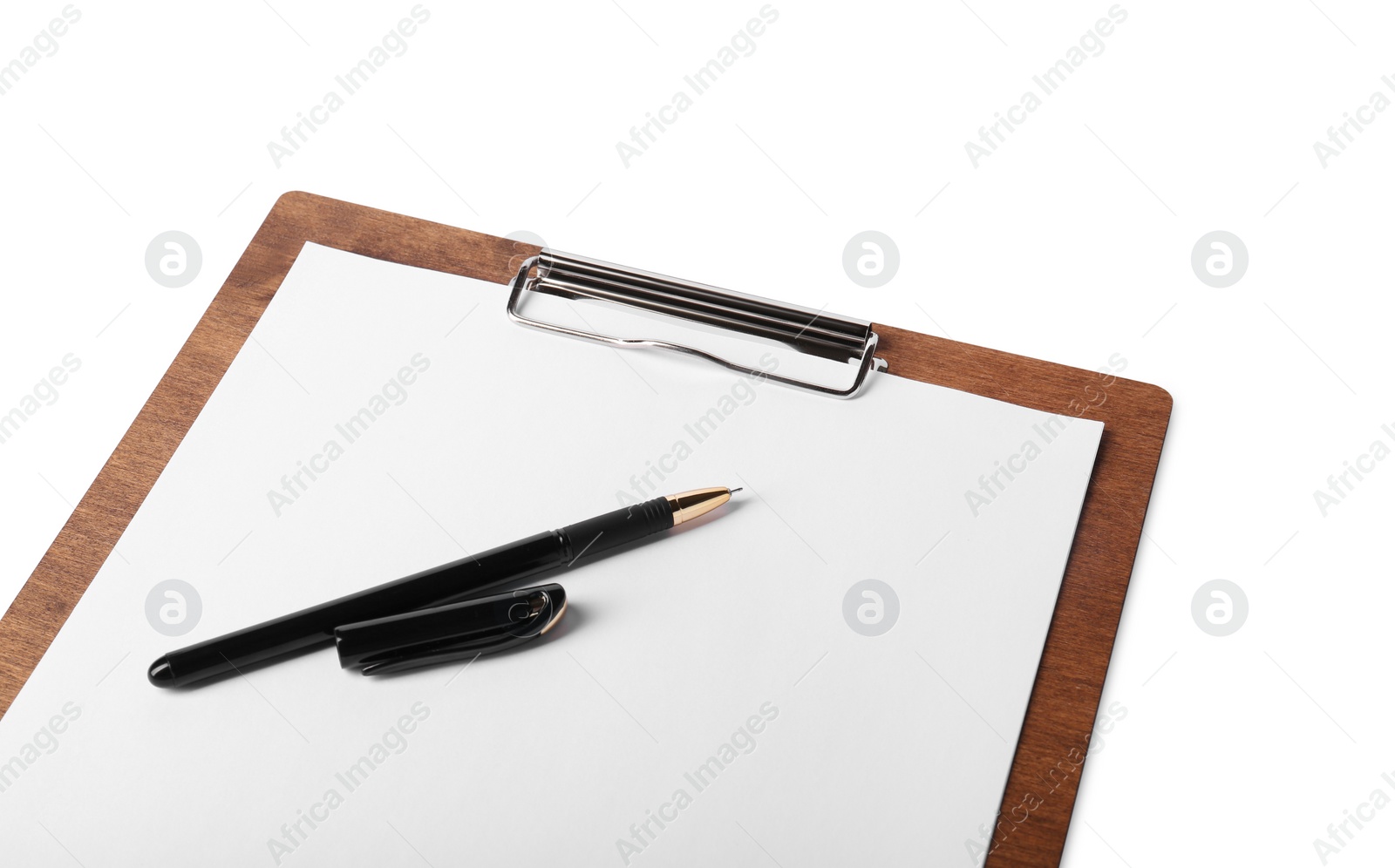 Photo of Wooden clipboard with sheet of paper and pen isolated on white