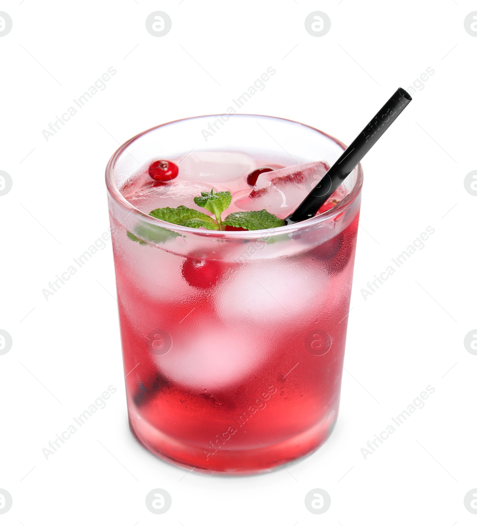 Photo of Tasty refreshing cranberry cocktail with mint isolated on white