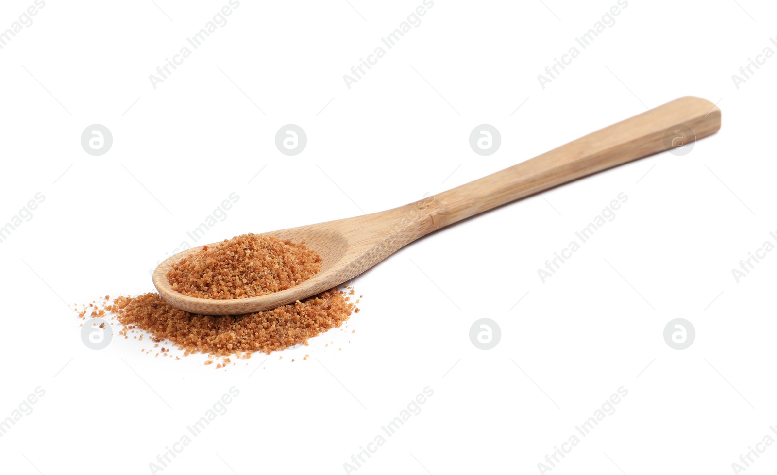 Photo of Natural coconut sugar in wooden spoon isolated on white