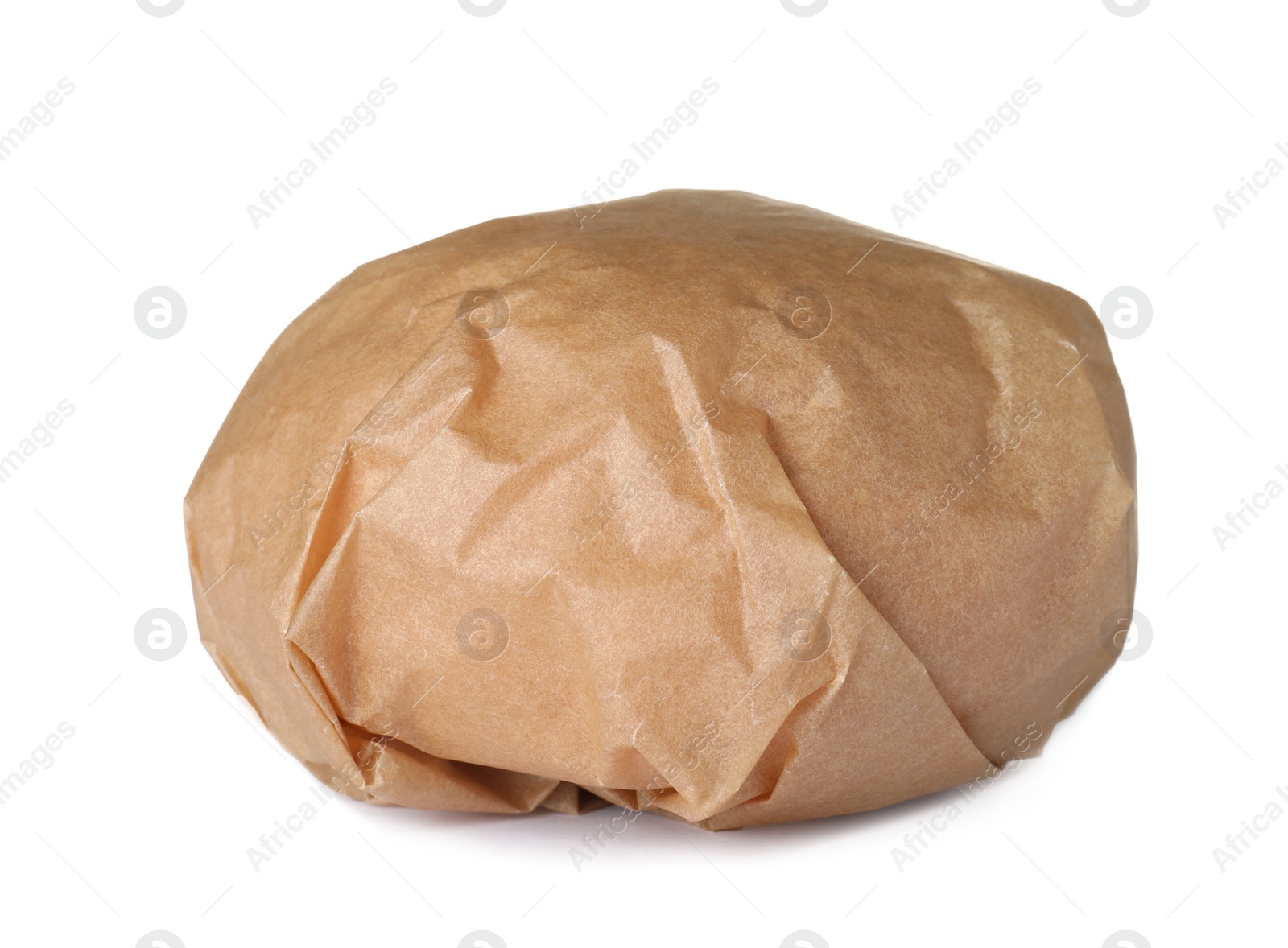 Photo of Burger wrapped in craft paper isolated on white