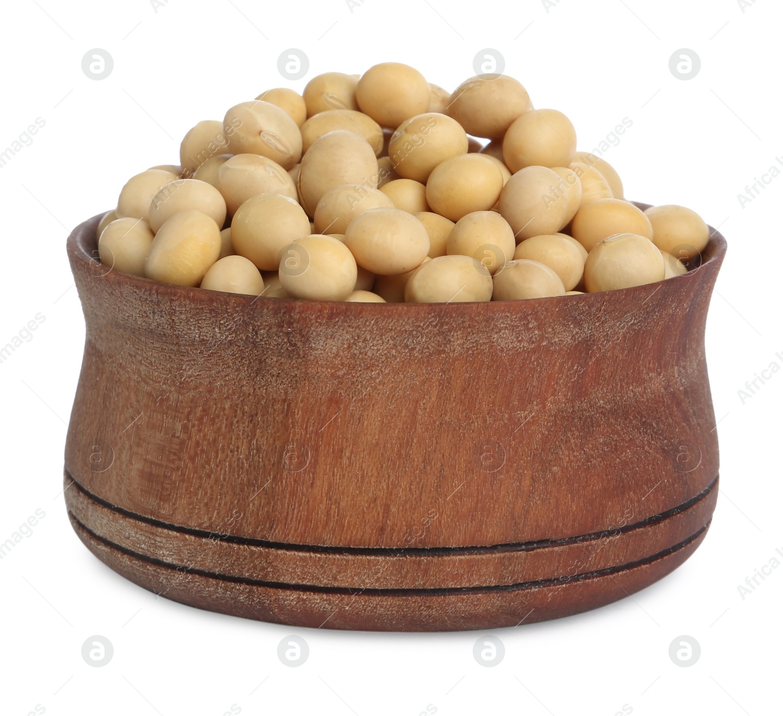 Photo of Soya beans in wooden bowl isolated on white