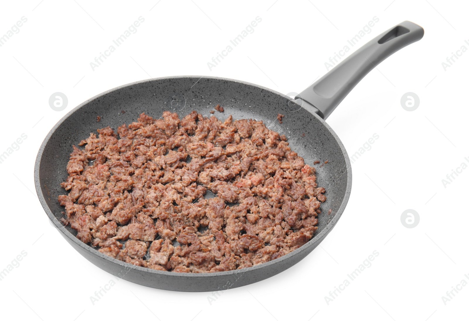 Photo of Pan with fried minced meat isolated on white