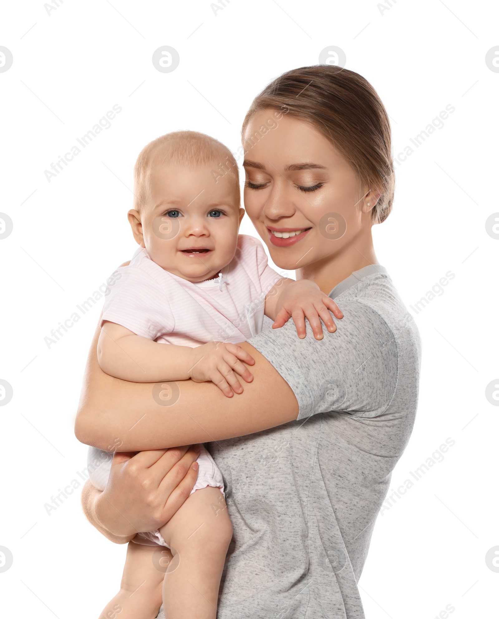 Photo of Portrait of happy mother with her baby isolated on white