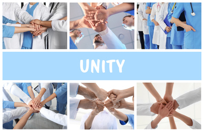 Image of Unity concept. Collage with team of medical workers, closeup 