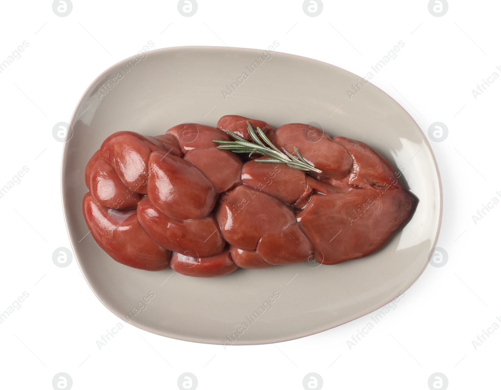 Photo of Fresh raw kidney meat with rosemary isolated on white, top view